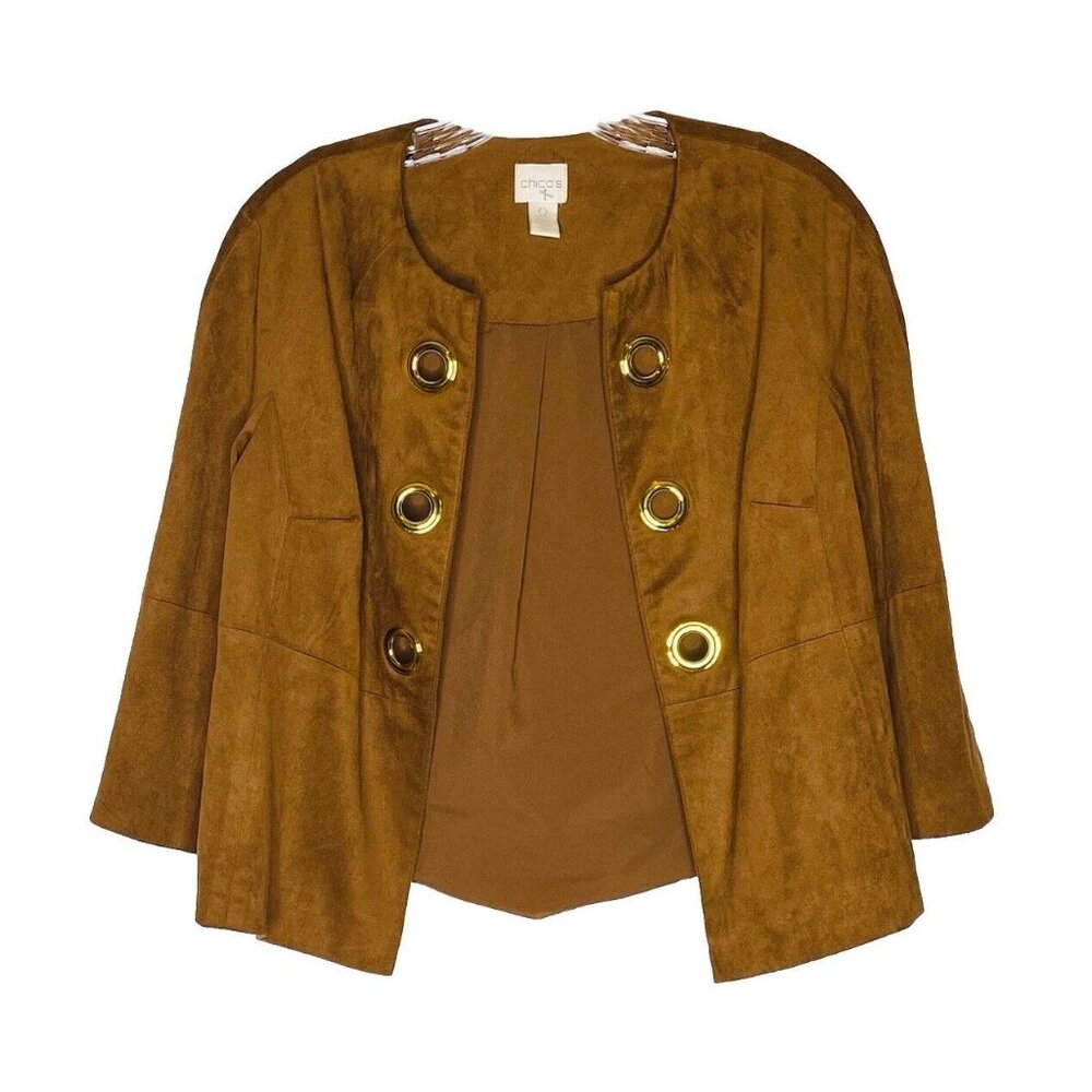 Chicos Jacket Womens Small 0 Brown Faux Leather Suede Open Grommeted Blazer